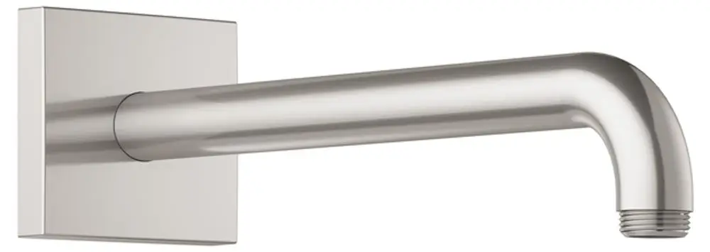 Brausearm in Edelstahl-Finish von Keuco, mit einem gebogenen Ende für Wandmontage. Der Arm hat einen Anschluss und eine einfache, funktionale Form.